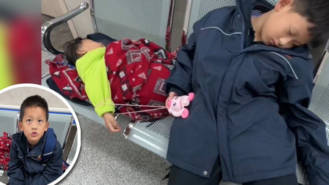 Heartbreaking: China boy, 8, ties himself to little sister with toy string as anxious pair wait for abused mother to undergo hospital check-up