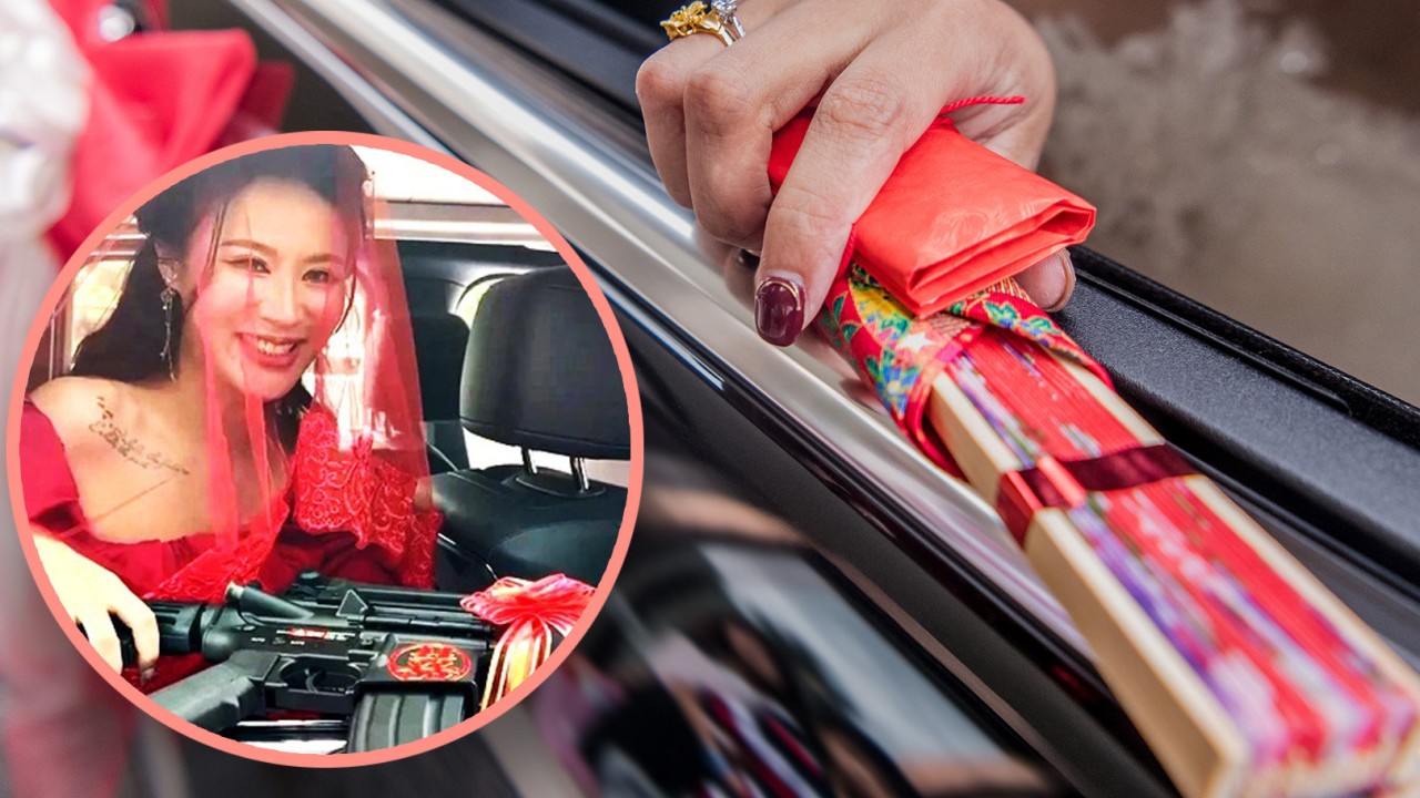 Taiwan bride throws tradition out the window by swapping paper fan for ‘machine gun’