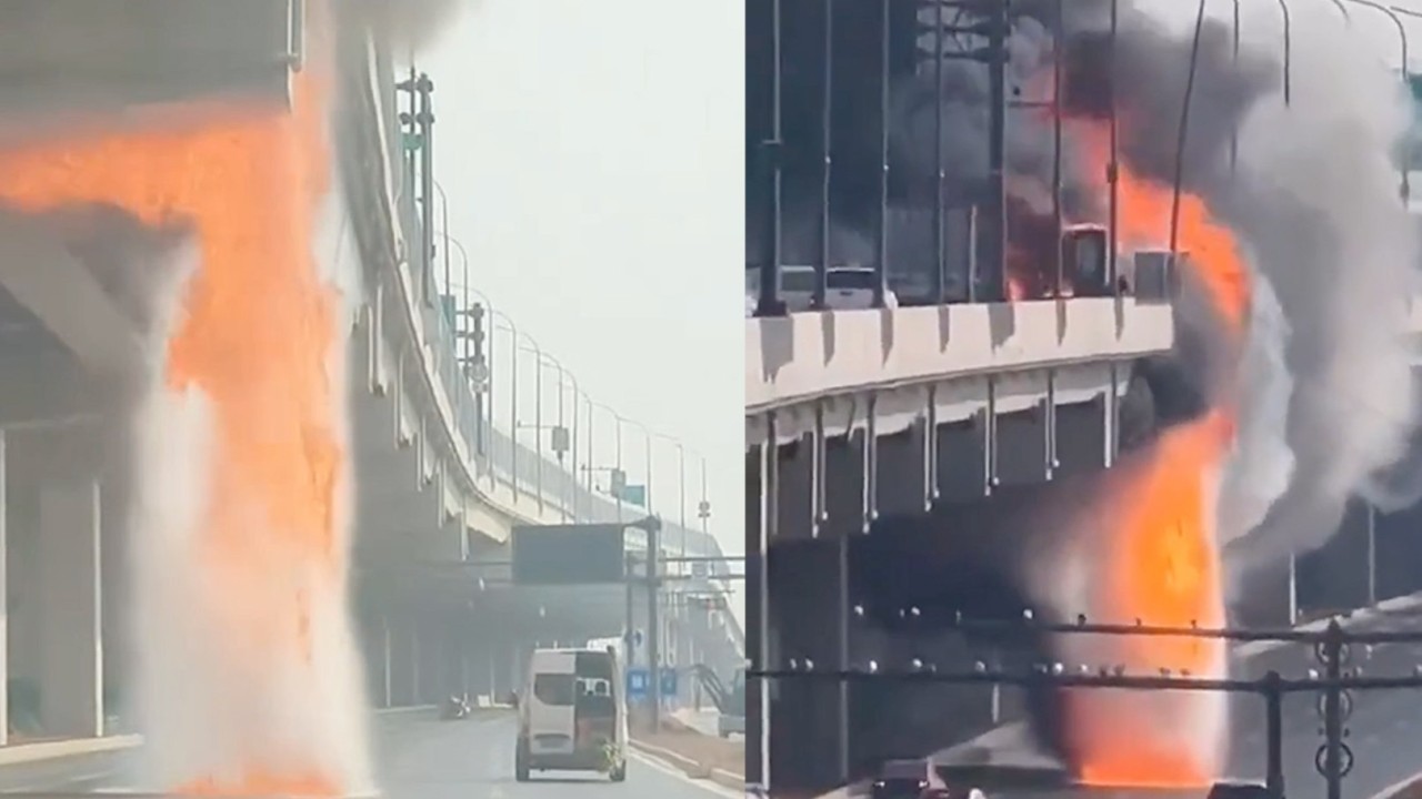 Cooking-oil truck in China catches alight, causing ‘firefall’ from overpass