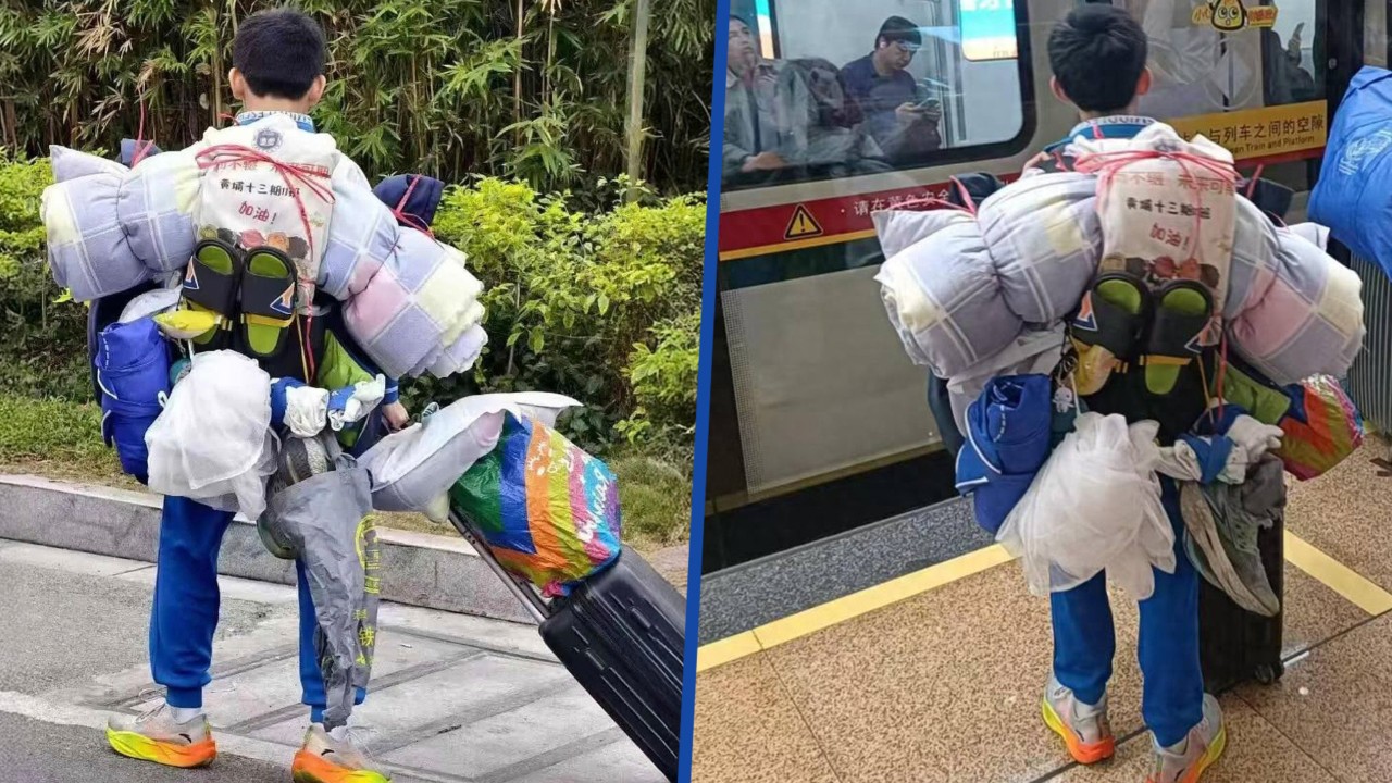Small-built China pupil praised for carrying large bulk of luggage on his way home for New Year