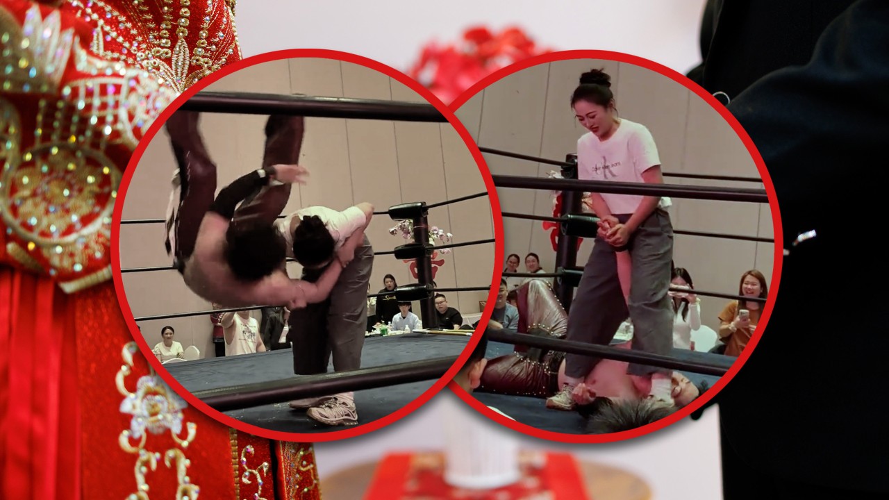 Chinese couple makes wedding memorable with wrestling match