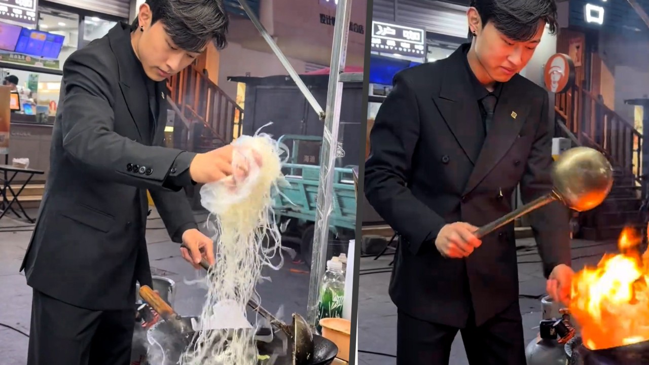 Chinese man earns US$7,400 monthly selling fried rice at night market while dressed in a suit