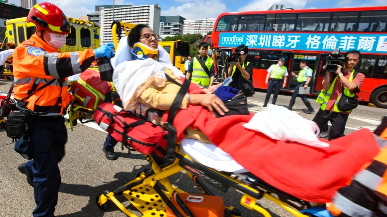 KMB driver arrested after 22 hurt in bus crash with highway maintenance vehicle