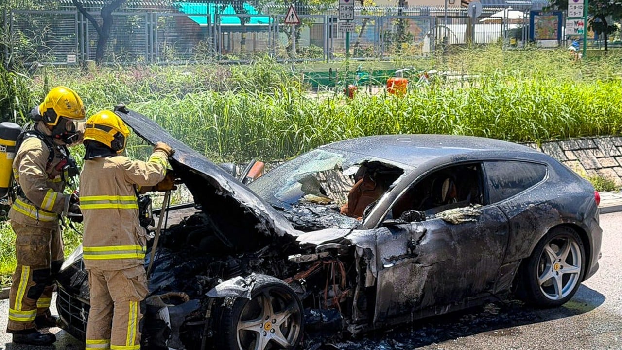 Driver escapes as Ferrari catches fire near Hong Kong light rail stop