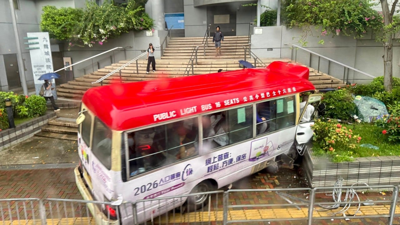 3 seriously injured after minibus mounts pavement in Hong Kong