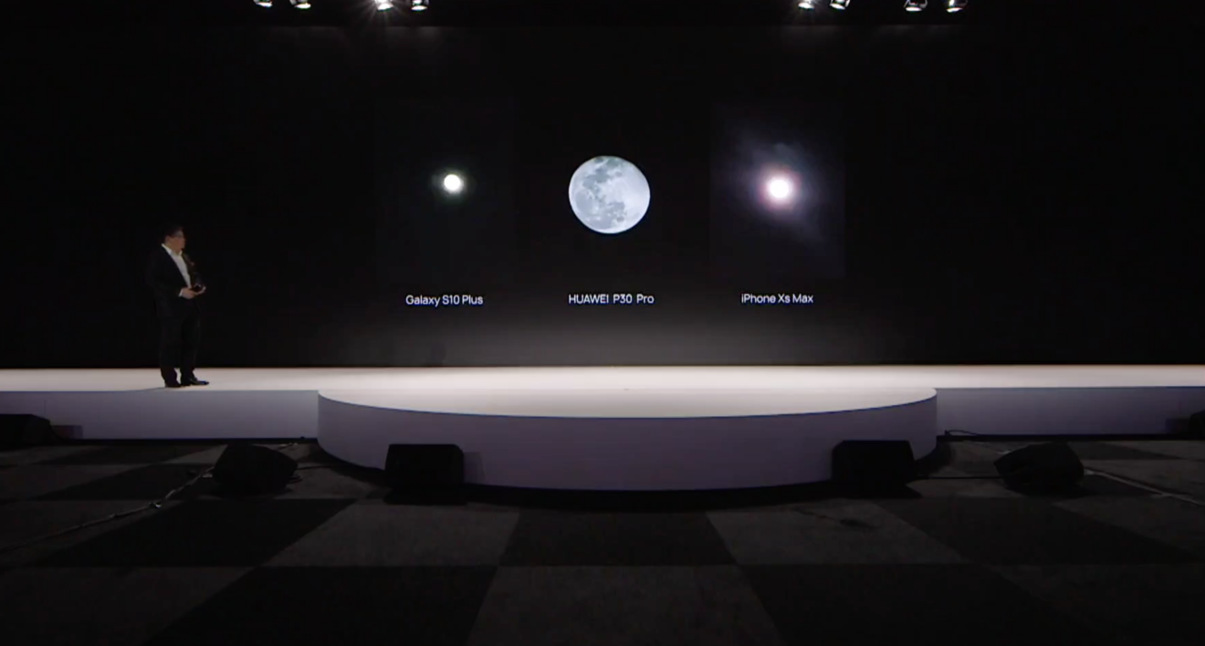 Huawei presenting its megamoon at the P30 launch in Paris on Tuesday. (Picture: Screenshot from YouTube)