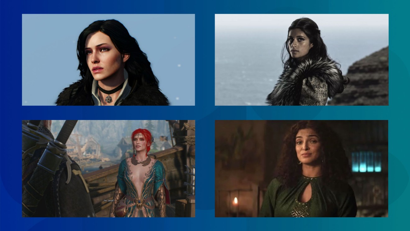 The top row shows Yennefer in the game and the show, left to right. The bottom row is Triss. (Picture: CD Projekt/Netflix)