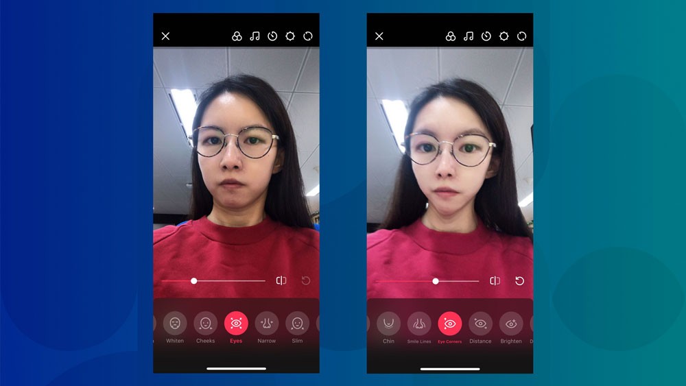 Your correspondent with default (left) and enhanced (right) filters on the Meipai video app.