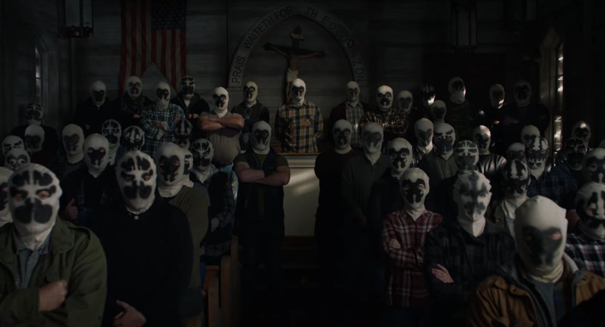 Rorschach masks are now being worn by white supremacists thirty years after the original story. (Picture: HBO)