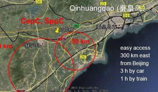 The CEPC project includes a collider with a 100-kilometer circumference, and the proposed location is in Qinhuangdao, near Beijing. (Picture: SCMP)