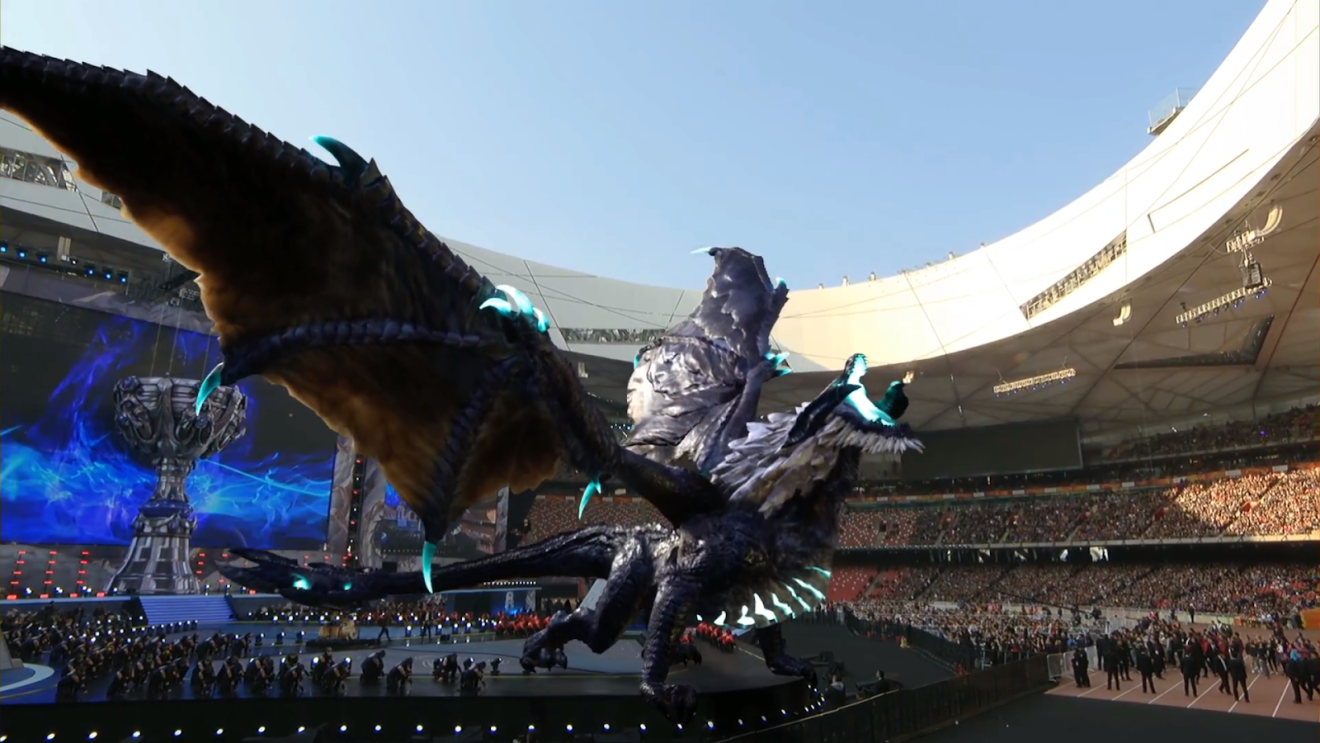 More than 40,000 fans showed up at the National Stadium in Beijing for the League of Legends World Championship in 2017, where a dragon was added to the set using augmented reality. (Picture: Riot Games)