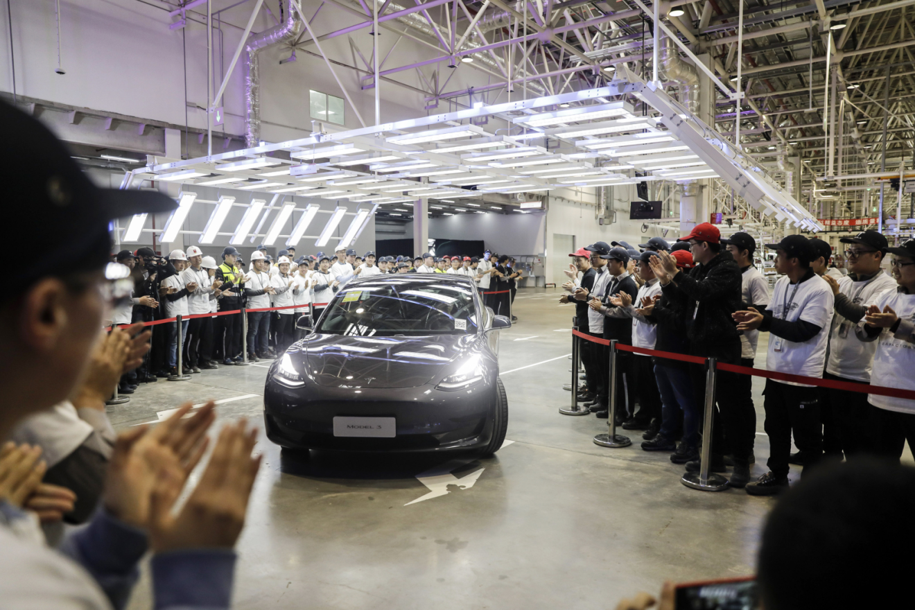 A Tesla Model 3 vehicle moves off an assembly line during a ceremony at the company's Gigafactory in Shanghai on December 30, 2019. (Picture: Qilai Shen/Bloomberg)