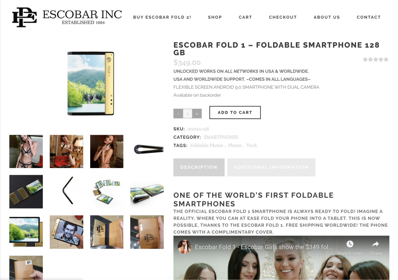 The official Escobar Inc. website, featuring videos of scantily-clad women promoting its foldable phones. (Picture: Escobar Inc.)