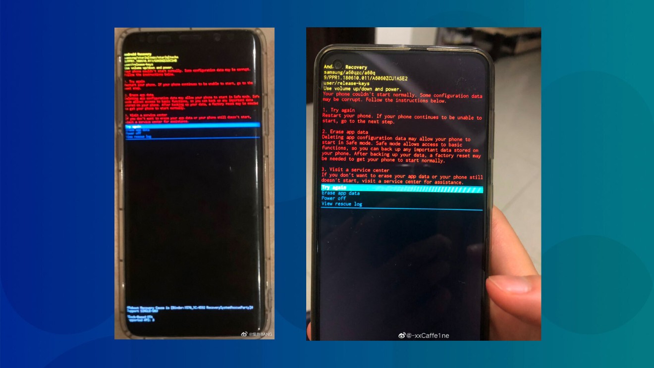 Owners of Samsung smartphones showing their recovery screens on Chinese social media. (Picture: 燥热BANG/-xxCaffe1ne via Weibo)