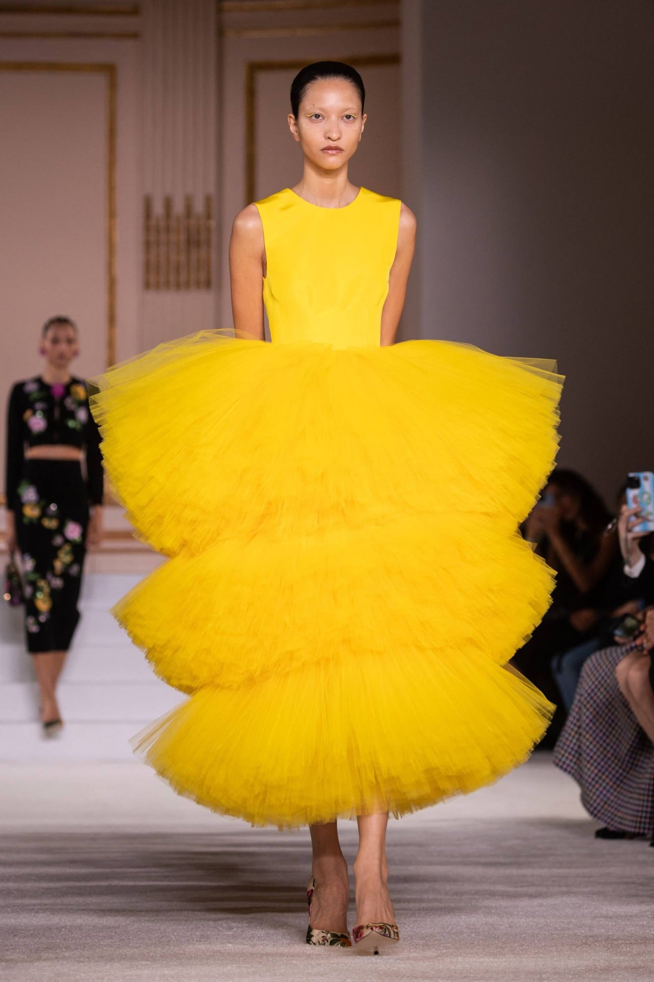 yellow dress runway Strapless Pleated Dress