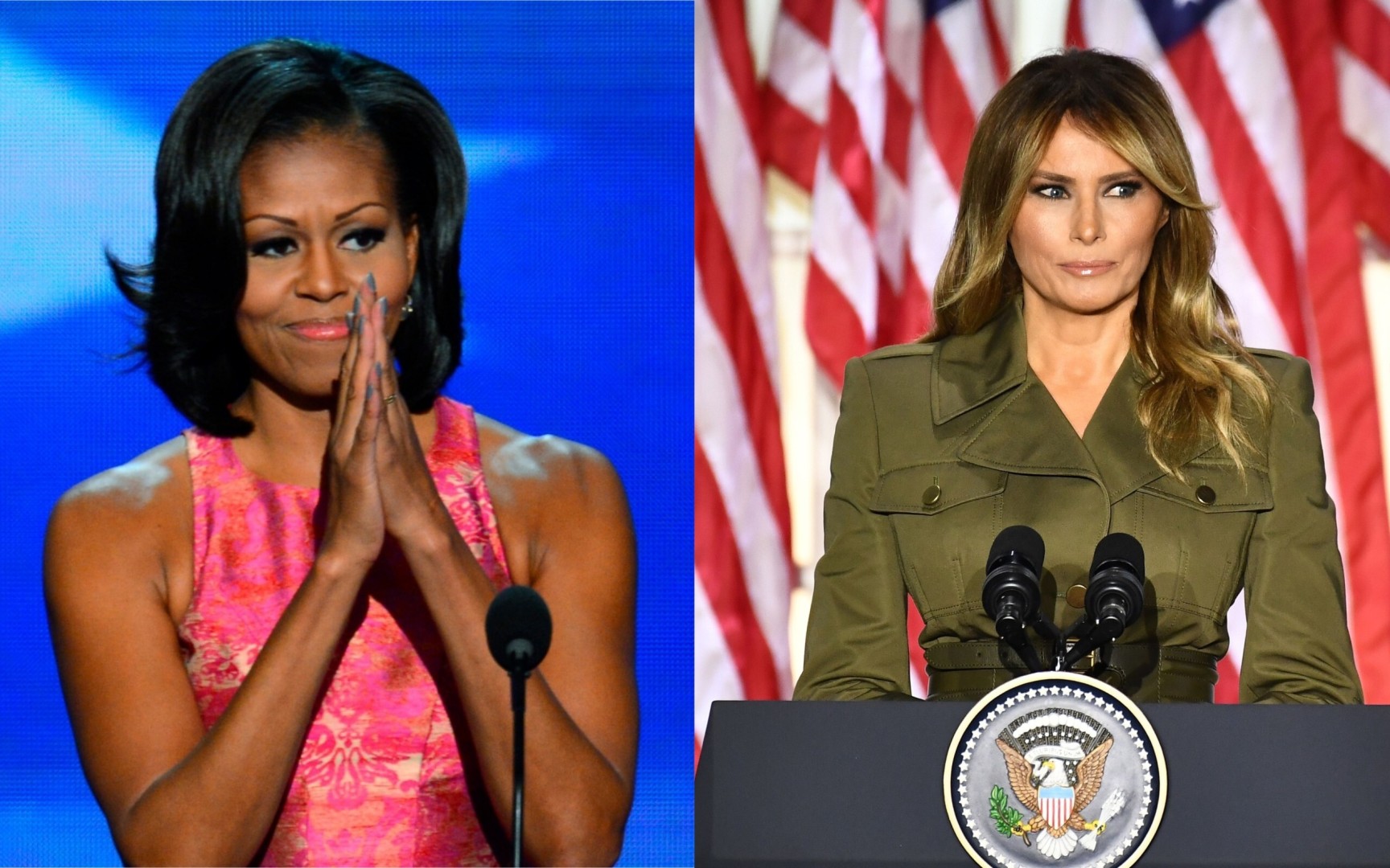 Melania Trump S Alexander Mcqueen Military Uniform Vs Michelle Obama S Rose Dress By Black Designer Tracy Reese How 2 First Ladies Used Fashion To Send Very Different Messages South China Morning Post