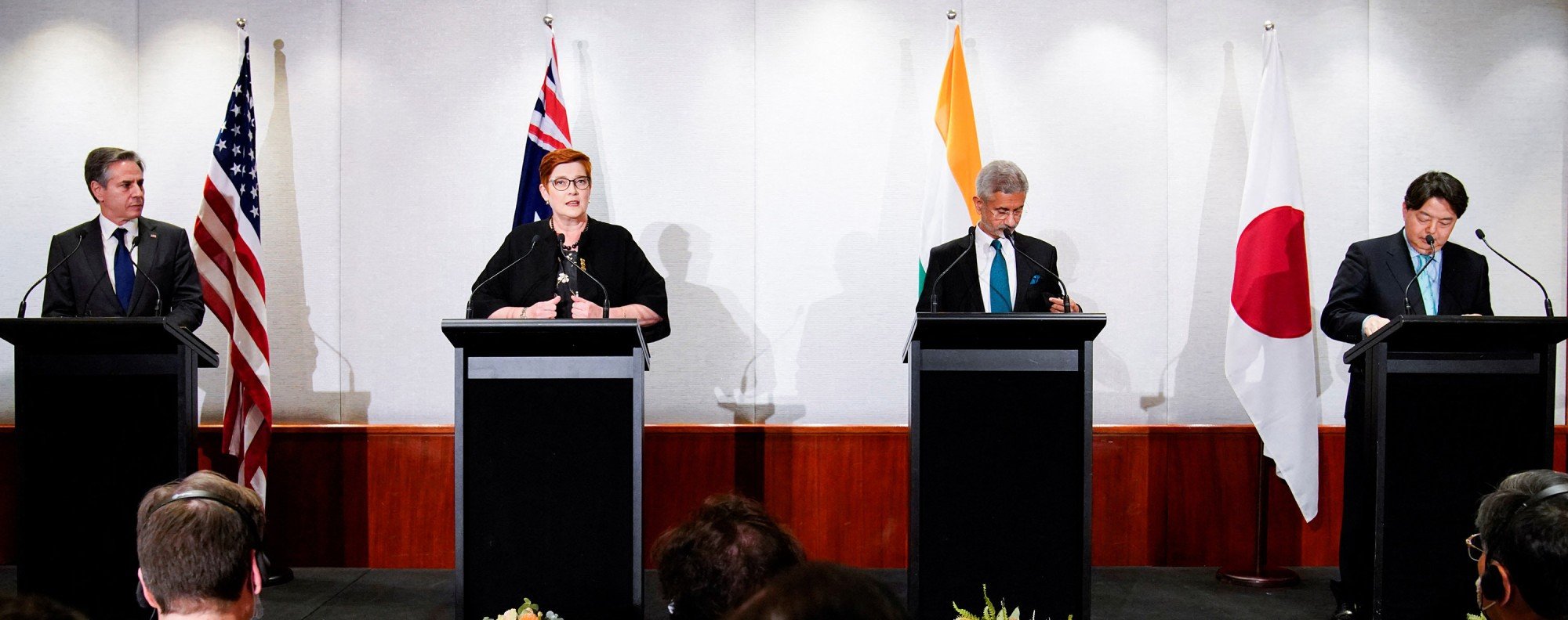 (l-r) US Secretary of State Antony Blinken, Australian Foreign Minister Marise Payne, Indian Foreign Minister Subrahmanyam Jaishankar and Japanese Foreign Minister Yoshimasa Hayashi are seen during a press conference of the Quadrilateral Security Dialogue (Quad) foreign ministers in Melbourne, Australia, on February 11, 2022. Photo: Reuters