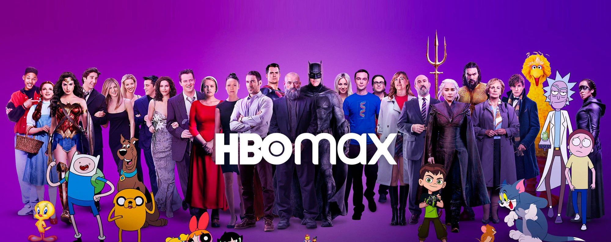 A promo image for HBO Max, featuring characters from shows and films available on the platform, including Friends, Justice League, Rick & Morty, Game of Thrones, Tom & Jerry, Watchmen and Big Bang Theory. Photo: HBO Max