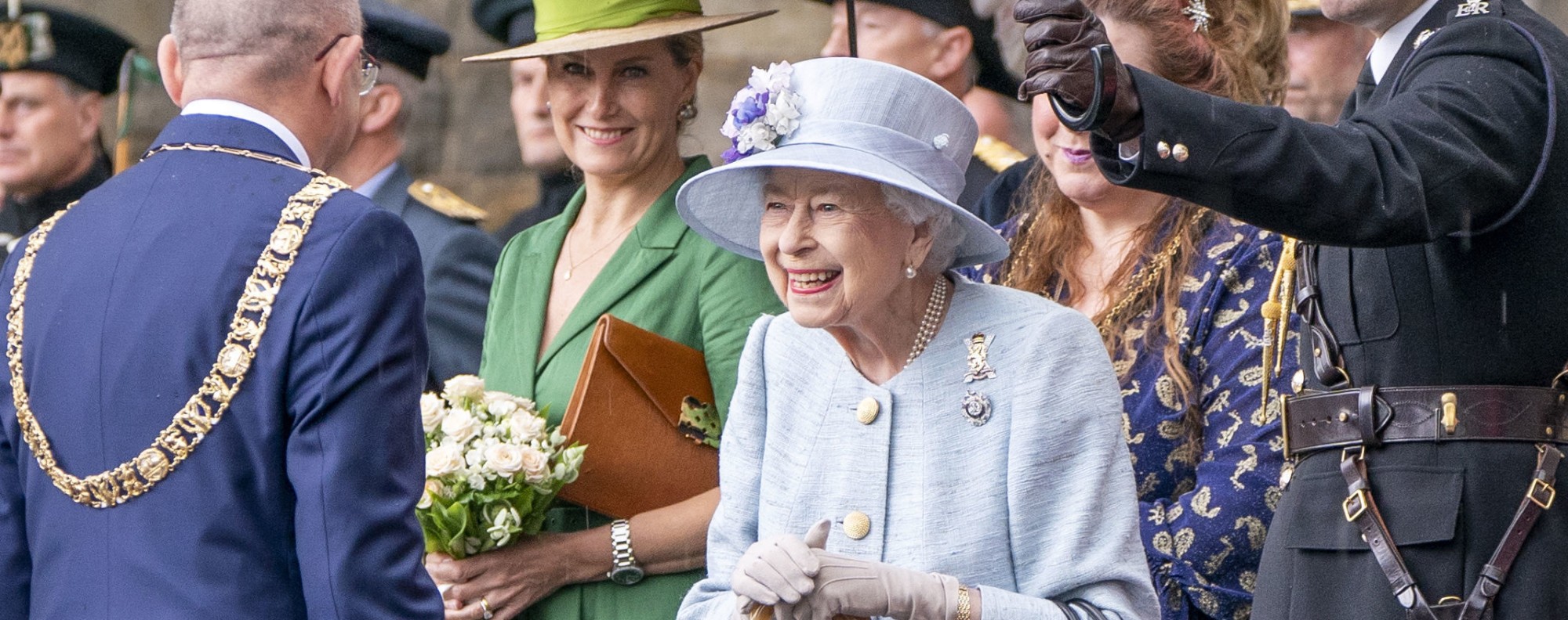 Britain's Queen Elizabeth II is greeted as she attends the Ceremony of the Keys on the forecourt of the Palace of Holyroodhouse in Edinburgh on June 27, 2022, as part of her traditional trip to Scotland for Holyrood week. Photo: PA via AP
