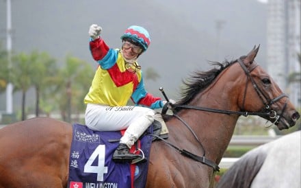 Alexis Badel celebrates his Group One win aboard Wellington in the Queen’s Silver Jubilee Cup at Sha Tin. Photo: HKJC