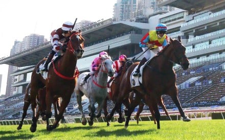 Wellington (right) wins the Sprint Cup at Sha Tin on Sunday. Photo: HKJC