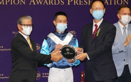 Vincent Ho picks up the Tony Cruz Award for leading local jockey last season. Photo: Kenneth Chan
