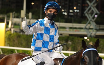 Thumbs up from Joao Moreira on Sugar Sugar after he draws level with Zac Purton in the jockeys’ championship. Photo: Kenneth Chan