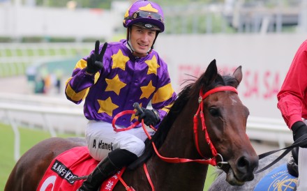 Antoine Hamelin celebrates his Happy Valley double aboard Hit The Shot (pictured) and Pretty Queen Prawn. Photo: Kenneth Chan