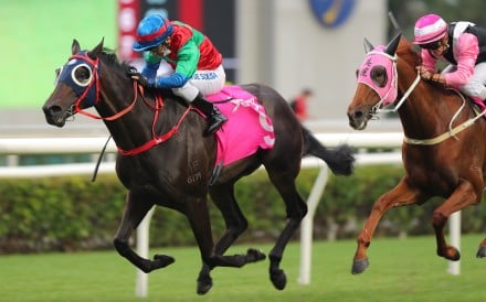 Silvestre de Sousa drives Money Catcher to his Hong Kong maiden-breaking win in the Group Three Sa Sa Ladies’ Purse at Sha Tin on Sunday. Photo: Kenneth Chan