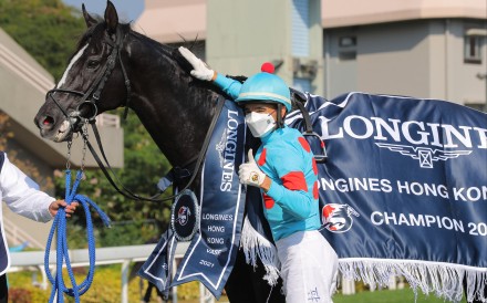 Joao Moreira celebrates after taking out last year’s Hong Kong Vase aboard Glory Vase. Photo: Kenneth Chan