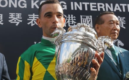 Joao Moreira celebrates a win at the Hong Kong International Races. Photos: Kenneth Chan