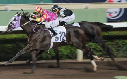 Super Win Dragon races past Campione to win the Class Two Salisbury Handicap (1,200m) at Sha Tin on Sunday. Photo: Kenneth Chan