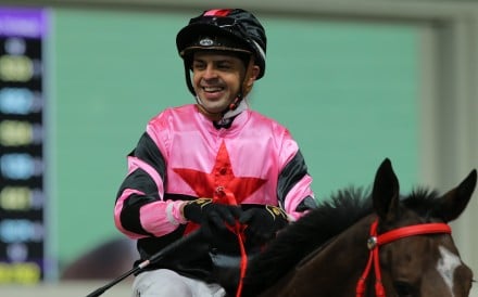 Ruan Maia celebrates snapping his 70-ride losing run with a victory aboard Top Top Tea at Happy Valley on Wednesday night. Photo: Kenneth Chan