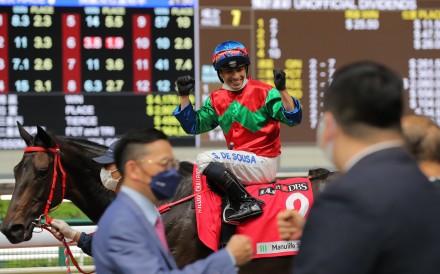Silvestre de Sousa celebrates Money Catcher’s January Cup win at Happy Valley on Wednesday night. Photo: Kenneth Chan