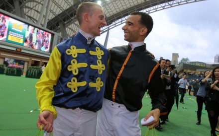 Zac Purton and Joao Moreira at Sha Tin in July 2018. Photo: Kenneth Chan
                                