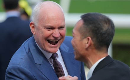 David Hall celebrates Atullibigeal’s Class Three win at Sha Tin on February 19. Photo: Kenneth Chan