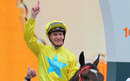 Zac Purton celebrates Lucky Sweynesse’s Chairman’s Sprint Prize victory at Sha Tin on Sunday. Photos: Kenneth Chan