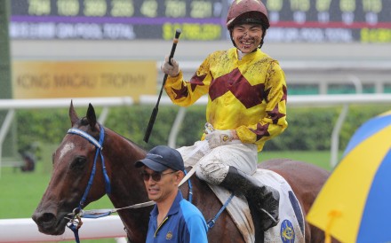 Ellis Wong is all smiles after saluting aboard Storm Legend at Sha Tin on Saturday. Photos: Kenneth Chan
