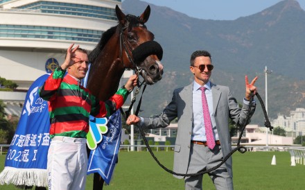 Jockey Hugh Bowman and trainer Douglas Whyte celebrate Russian Emperor’s Champions & Chater Cup victory. Photos: Kenneth Chan