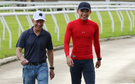Felix Coetzee (left) and Jack Wong at Sha Tin trackwork on June 23. Photos: Kenneth Chan