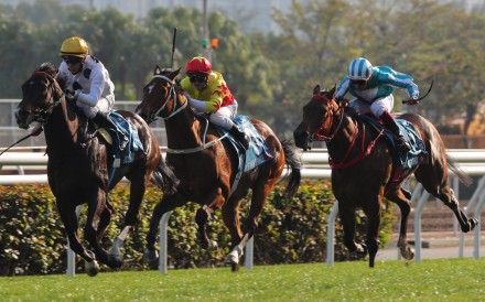 Golden Sixty (left), California Spangle and Romantic Warrior lock horns in an epic Stewards’ Cup. Photo: Kenneth Chan