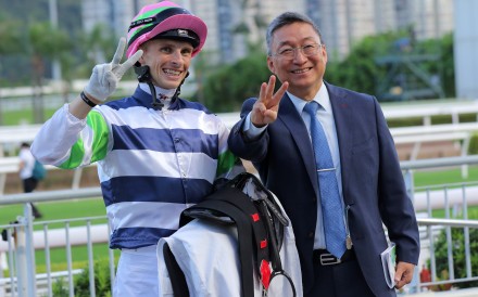 Lyle Hewitson and Francis Lui celebrate their respective Sha Tin multiples on Sunday. Photos: Kenneth Chan