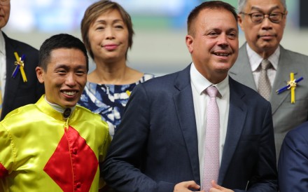 Vincent Ho (left) and Caspar Fownes at the trophy presentation following Capital Delight’s dead heat with Lucky Archangel at Happy Valley on October 4. Photos: Kenneth Chan