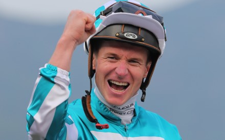 James McDonald celebrates after winning April’s Group One QE II Cup (2,000m) aboard Romantic Warrior. Photo: Kenneth Chan