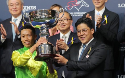 Vincent Ho celebrates his victory in the Longines International Jockeys’ Championship at Happy Valley on Wednesday night. Photos: Kenneth Chan
