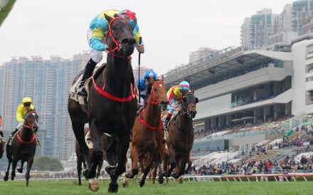 Victor The Winner passes the Sha Tin winning post in front in Sunday’s Group One Centenary Sprint Cup (1,200m). Photos: Kenneth Chan