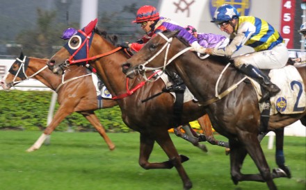 Happy Together (centre) scores a narrow Sha Tin win for Alexis Badel. Photos: Kenneth Chan