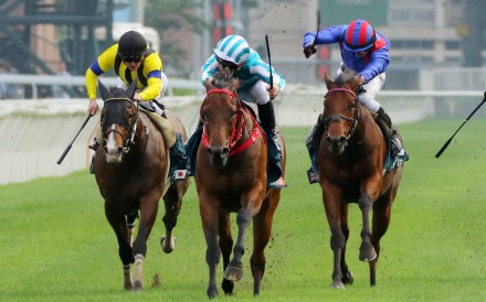 Romantic Warrior (middle) sees off Prognosis (left) and Dubai Honour (right) in last year’s Group One QE II Cup (2,000m). Photo: Kenneth Chan
