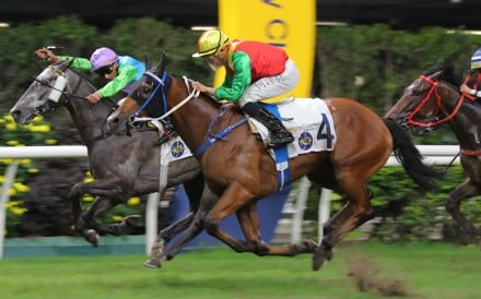 Jumbo Legend (outside) salutes at Happy Valley on Wednesday night. Photos: Kenneth Chan