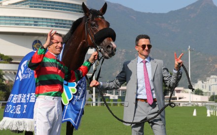 Hugh Bowman and Douglas Whyte with Russian Emperor after his 2023 Champions & Chater Cup win. Photos: Kenneth Chan